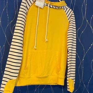 Brand New Yellow with Black Strips Hoodie, size Small (but runs big) for Women!